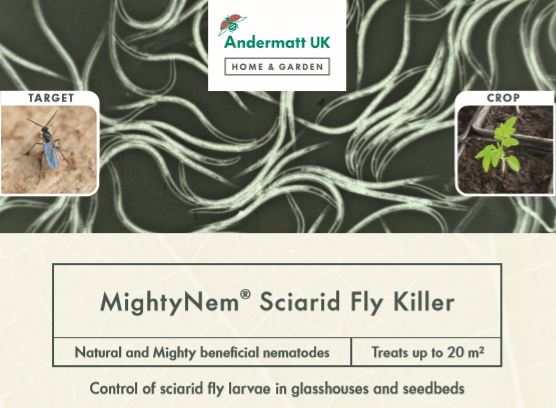 Graphic design and photo of the MightyNem Sciarid Fly Killer Label.