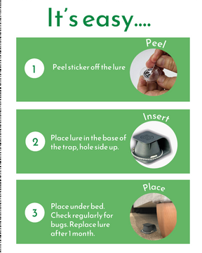 Graphic of step by step use for bed bug lure and volcano trap.