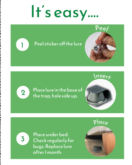 Graphic of step by step use for bed bug lure and volcano trap.