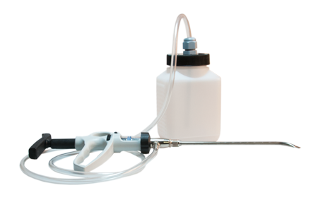 Photo of the full product. It includes a container and a hand adjusted syringe for trickle application.