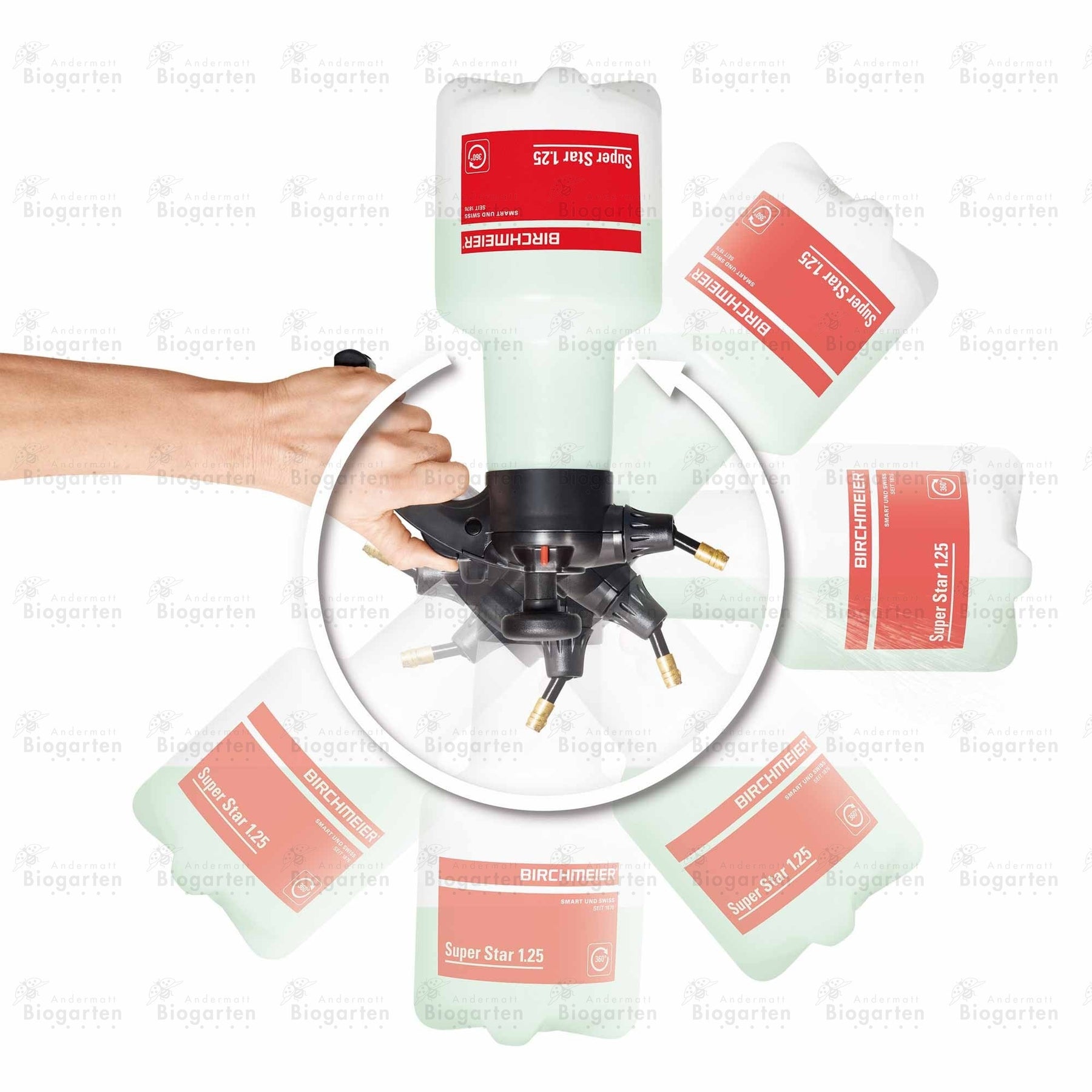 Diagram depicting the Birchmeier Super Star 125 being rotated upside down. Liquid will not spill out of this spray bottle regardless of what direction it is held.
