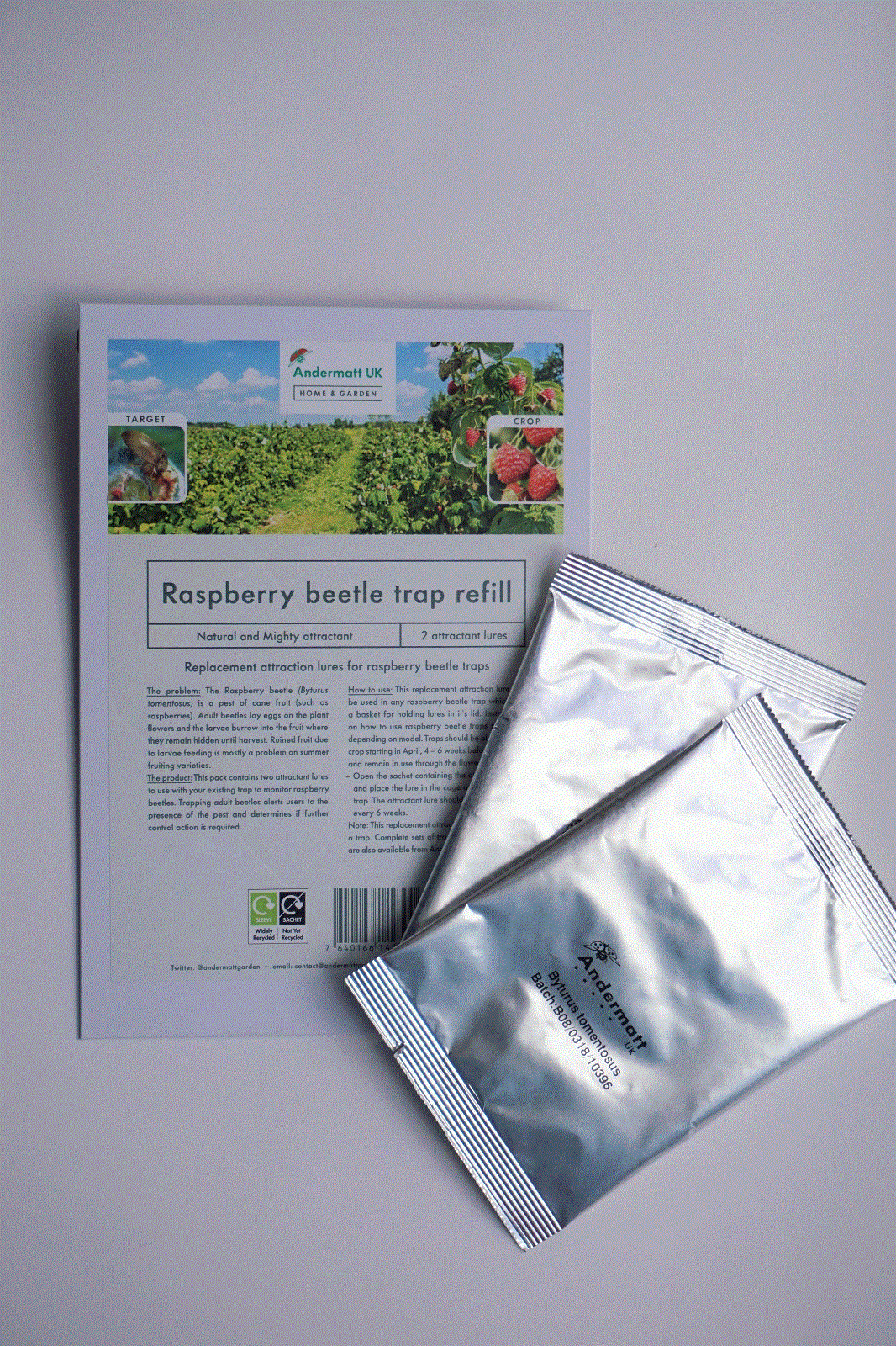 Photo of Raspberry beetle trap packaging with included lures.