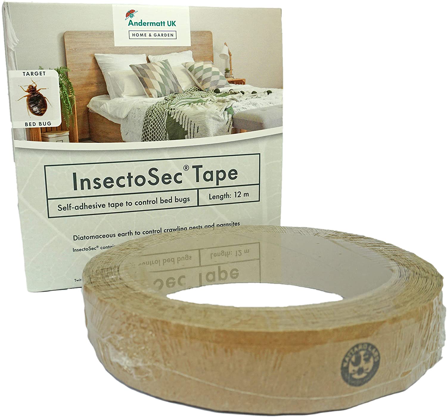 Photo of the InsectoSec Tape packaging and self-adhesive tape.