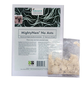 Photo of MightyNem No Ants, featuring the original packaging and a bag of nematodes.