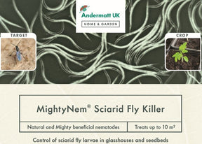 Graphic design and photo of the MightyNem Sciarid Fly Killer Label.