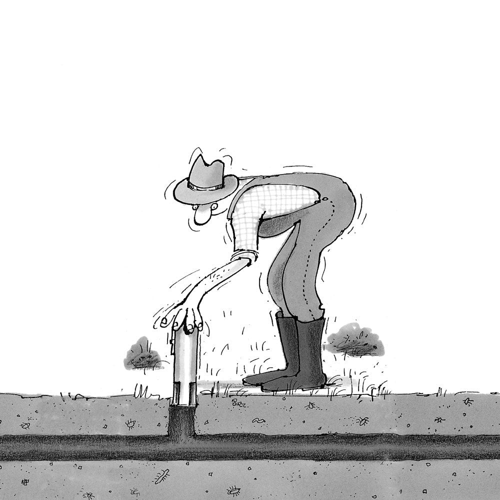 Illustration depicting a man placing a mole trap into the ground.