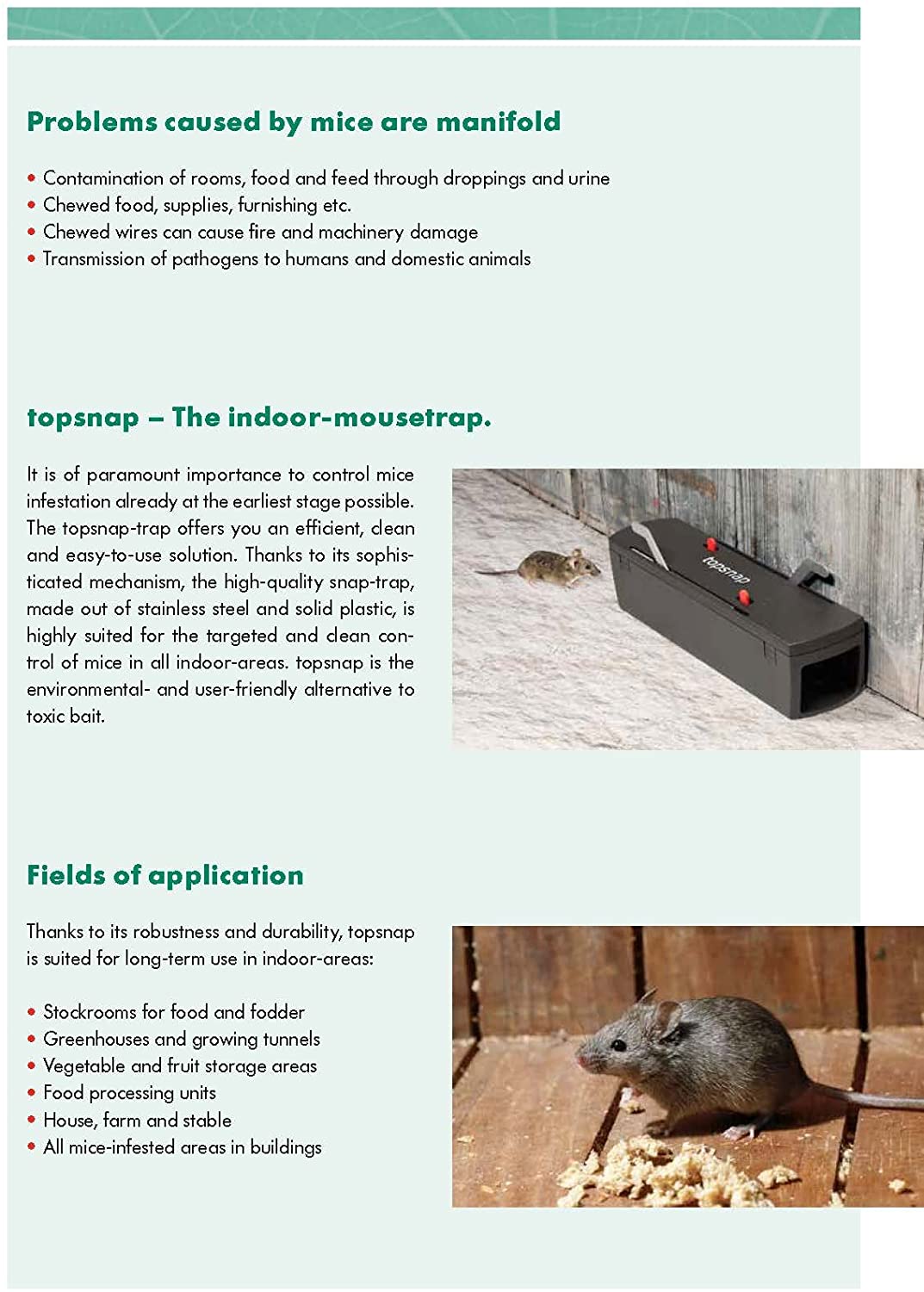 Graphic design of packaging leaflet about the TopSnap trap.