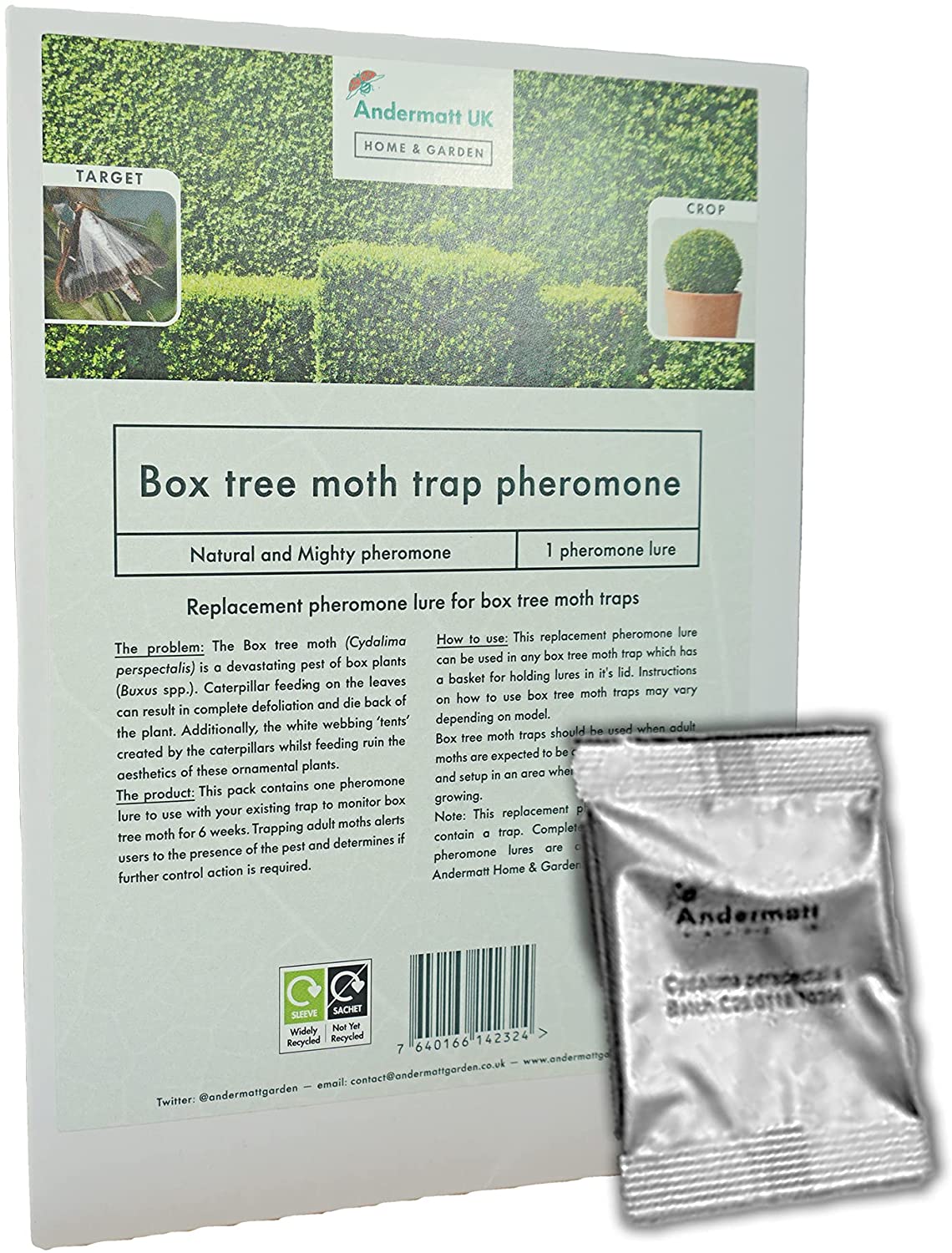 Photo of the box tree moth pheromone product covers and packages.